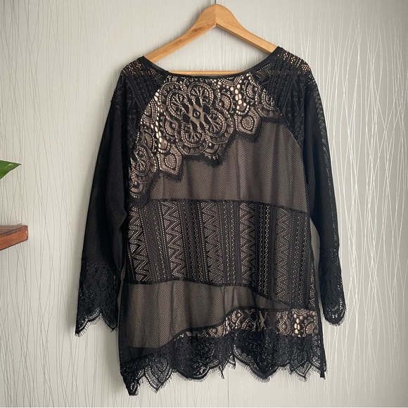 Lane Bryant Black 3/4 Sleeve Scoop Neck Lace Crochet Lined Overlay Blouse - Picture 6 of 10